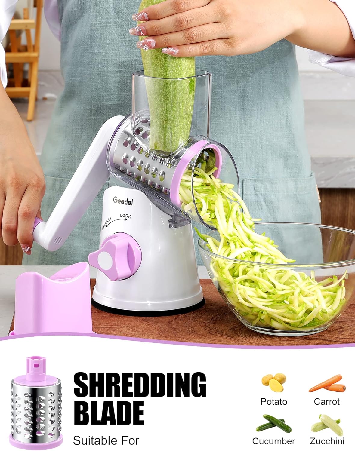 Geedel Kitchen Cheese Grater, Rotary Mandoline Vegetable Slicer with Interchangeable Blades, Easy to Use Rotary Grater Slicer for Fruit, Vegetables, Nuts - PuriLite