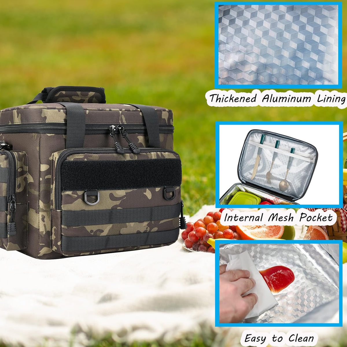 Tactical Lunch Bag for Men, Large Leakproof Insulated Lunch Box, Lunch Cooler Bag with Shoulder Strap, Lunch Pail for Adults Work Outdoor Picnic Trips, Black Camo - PuriLite