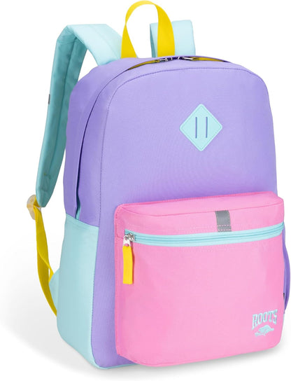 Roots Kids Lightweight Backpack — Made from 100% Recycled Fabrics with Rain Flap, Bottle Pocket, Reflective Accent, and Back Padding — 22.5 litres, Pink & Purple - PuriLite