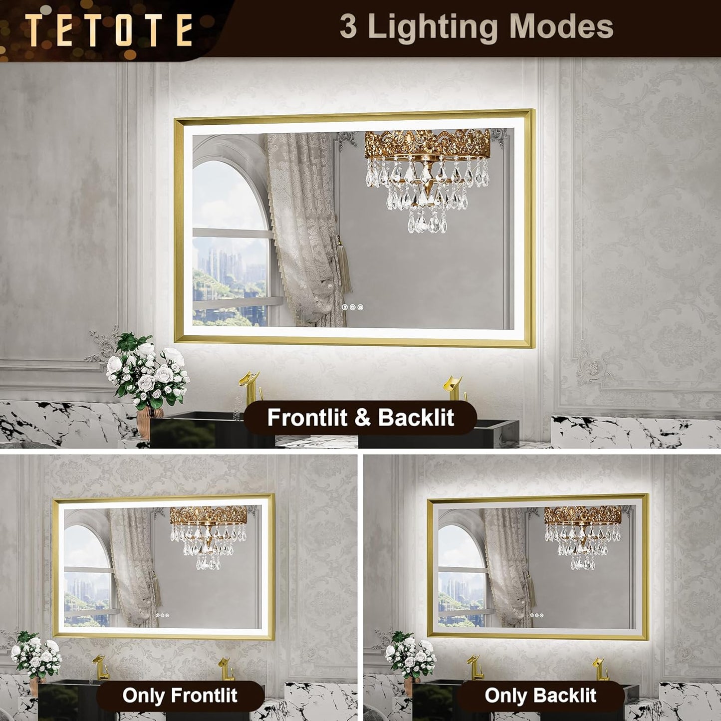 TETOTE 28x36 LED Mirror for Bathroom Black Metal Frame Frontlit & Backlit Lighted Vanity Mirror Baroque Gothic Anti Fog Stepless Dimmable White/Warm/Natural,Wall Mounted(Horizontal/Vertical) - PuriLite