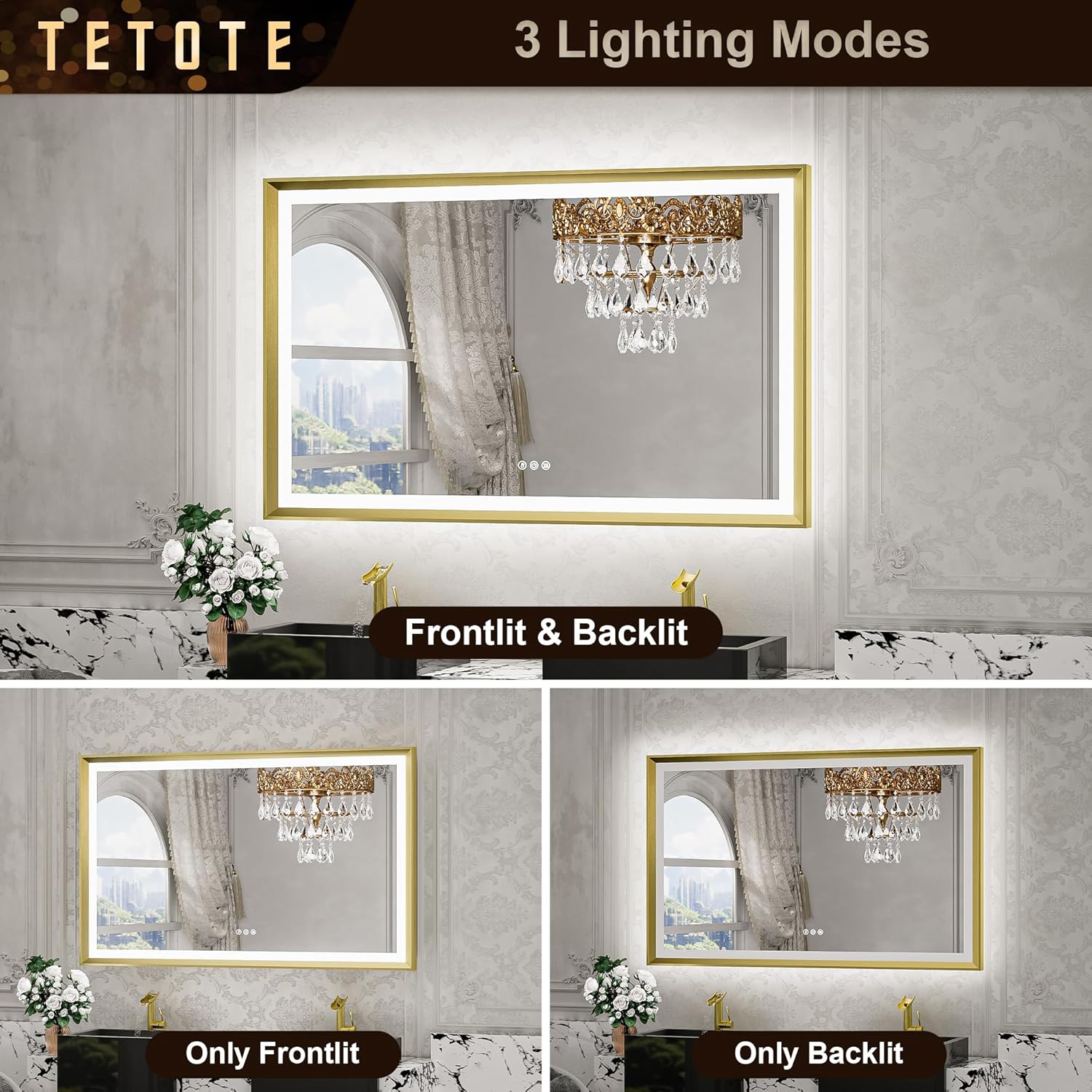 TETOTE 28x36 LED Mirror for Bathroom Black Metal Frame Frontlit & Backlit Lighted Vanity Mirror Baroque Gothic Anti Fog Stepless Dimmable White/Warm/Natural,Wall Mounted(Horizontal/Vertical) - PuriLite