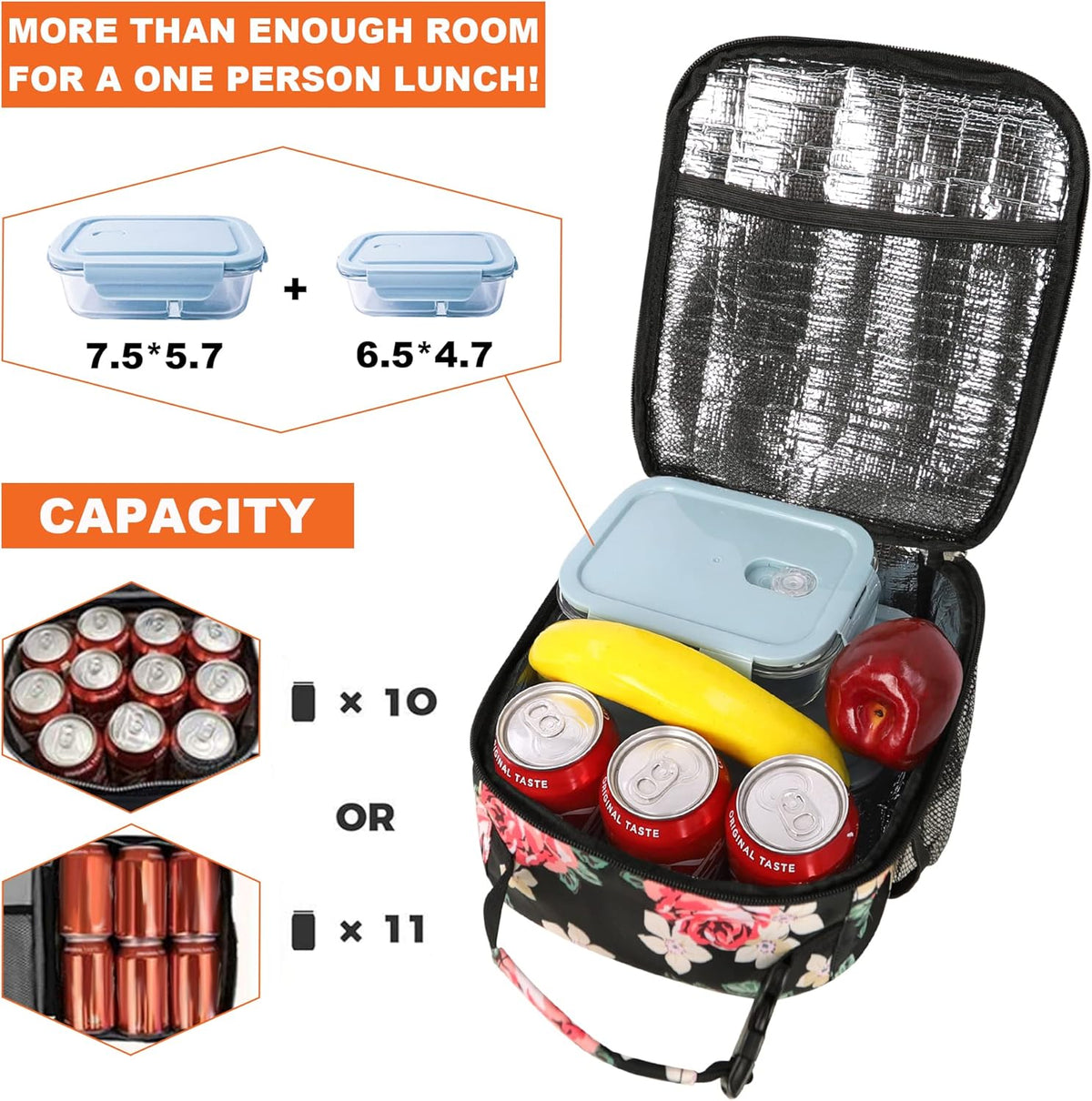 Lunch Box for Men Women Adults Small Lunch Bag for Office Work Picnic - Reusable Portable Lunchbox, Black - PuriLite