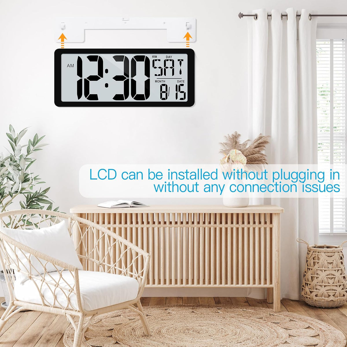 KMMKGG 15" Large Digital Wall Clock Battery Operated, Digital Clock Display with Day, Date & Temperature, Large Wall Clock for Bedroom, Livingroom, Office(4.6" Numbers) - PuriLite