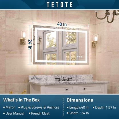 TETOTE LED Bathroom Mirror 20x28 Frontlit & Backlit Lighted Vanity Mirror Anti Fog Stepless Dimmable 3 Colors White/Warm/Natural,Double Lights,Wall-Mounted(Horizontal/Vertical) - PuriLite