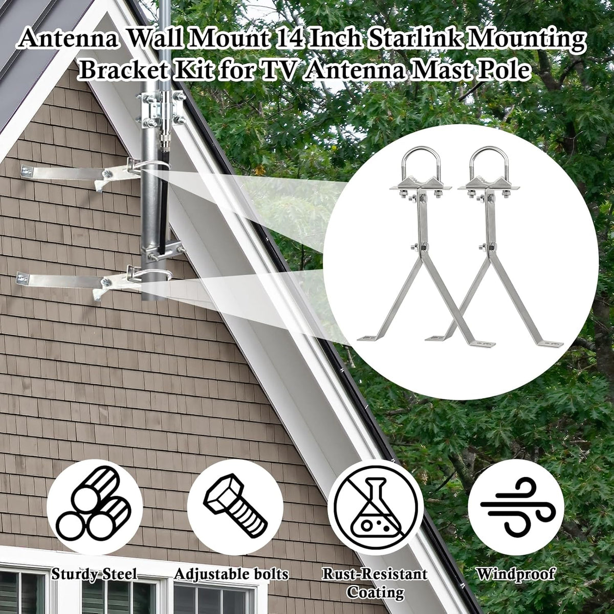 XRDS-RF 16 Inch Heavy-Duty Wall Mount Stand Off Mast for TV Antenna - Windproof Mounting Bracket (2-Leg + 2-Leg) - PuriLite