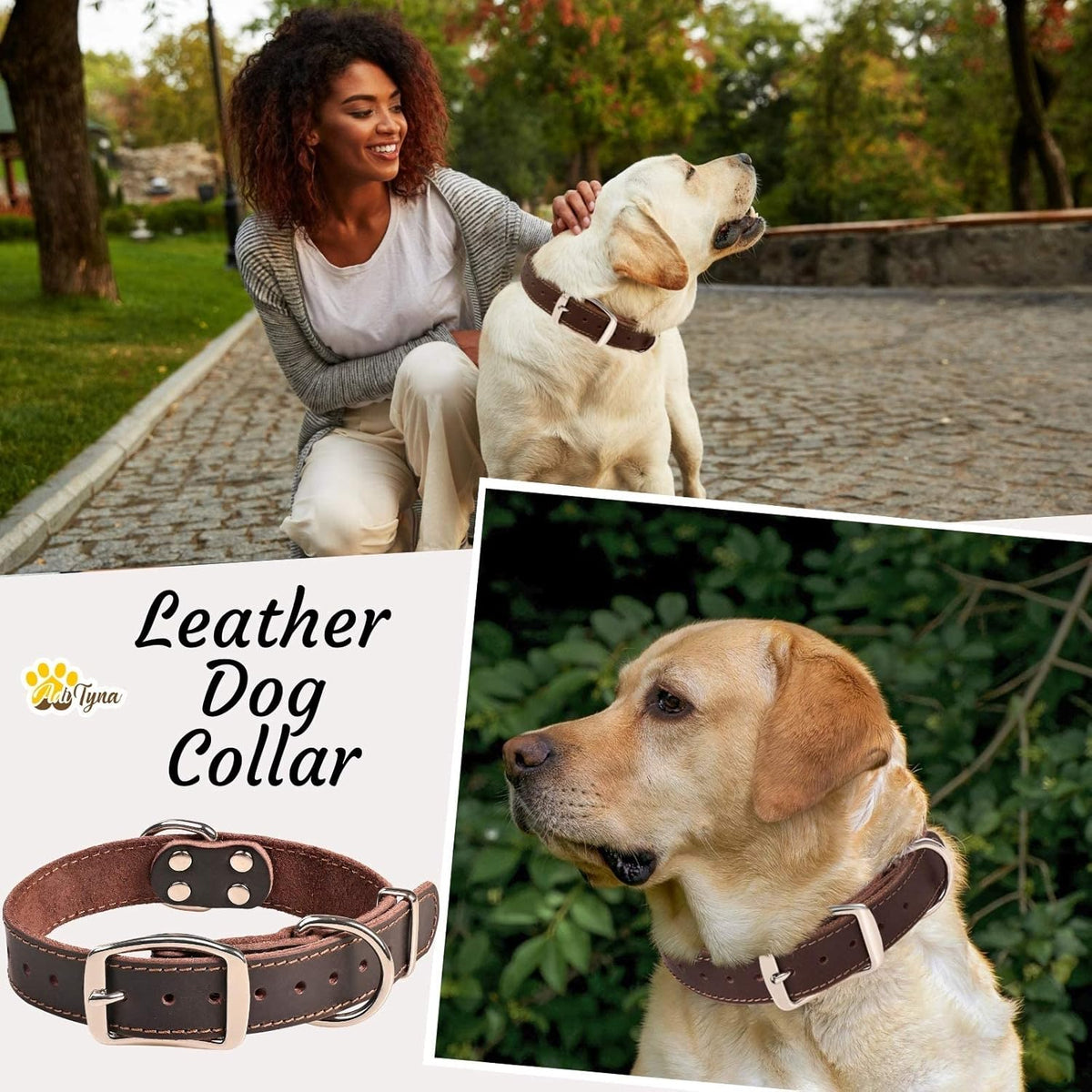 ADITYNA Heavy-Duty Leather Dog Collar for Medium Dogs - Soft and Strong, 100% Genuine Leather - Collier Pour Chien (Medium: Fit 13" - 20" Neck, Brown) - PuriLite