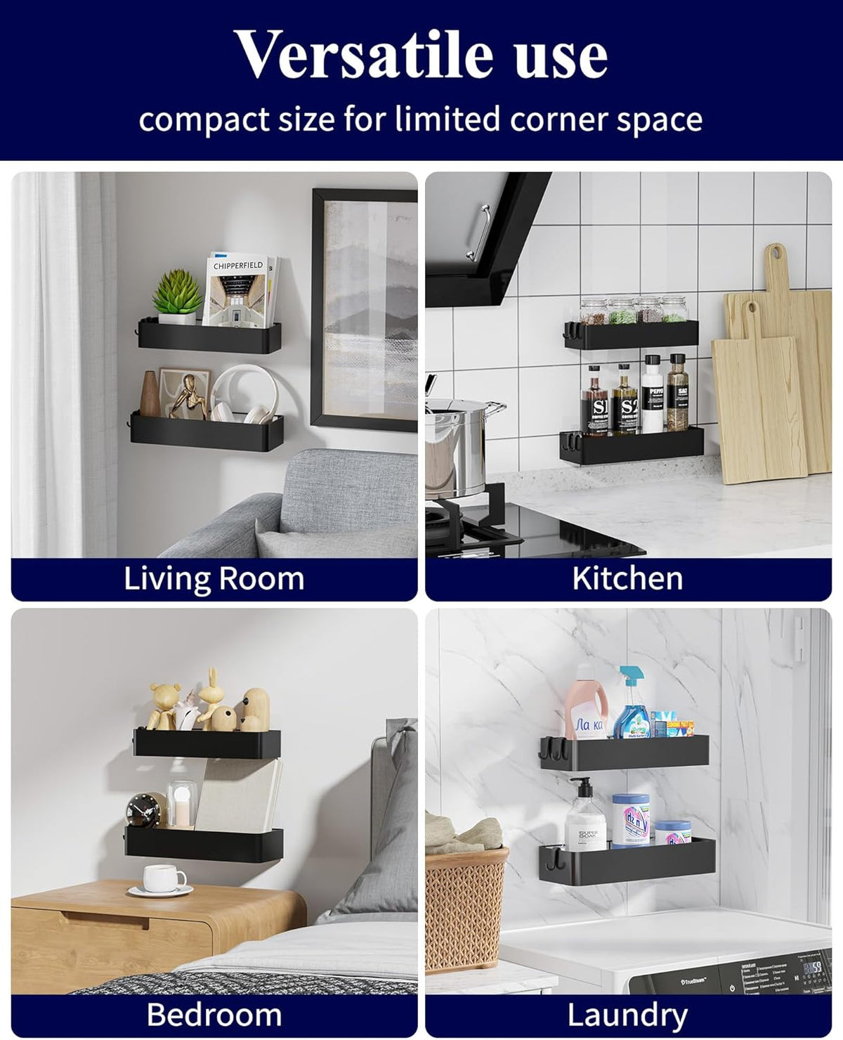 Kitsure Large Shower Caddy - 2 Pack Adhesive Shower Organizer, Drill-Free Shower Shelves for Inside Shower, Rustproof Bathroom Shelf Shower Shelf for Bathroom, Black - PuriLite