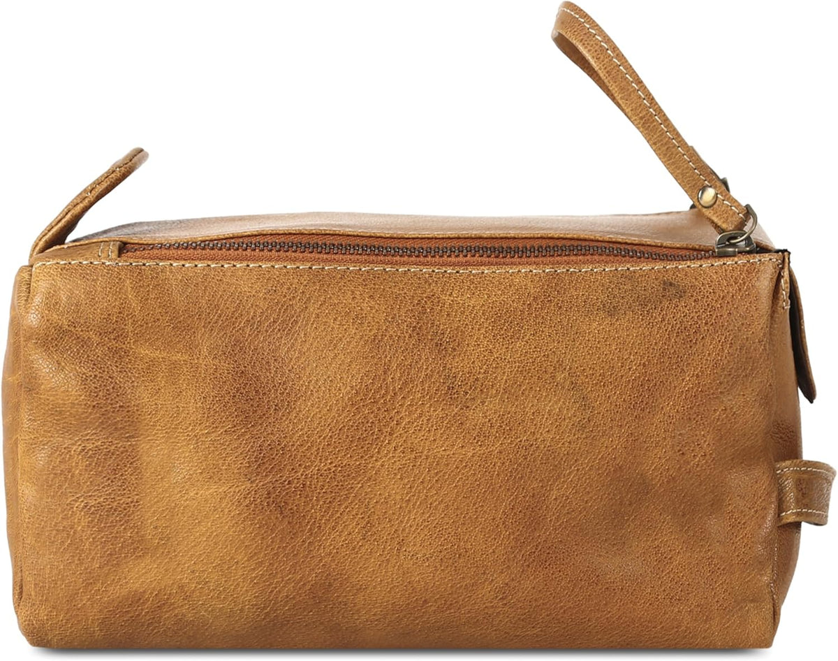 Premium Buffalo Leather Unisex Toiletry Bag Travel Dopp Kit Shaving kit (Distressed Tan) - PuriLite