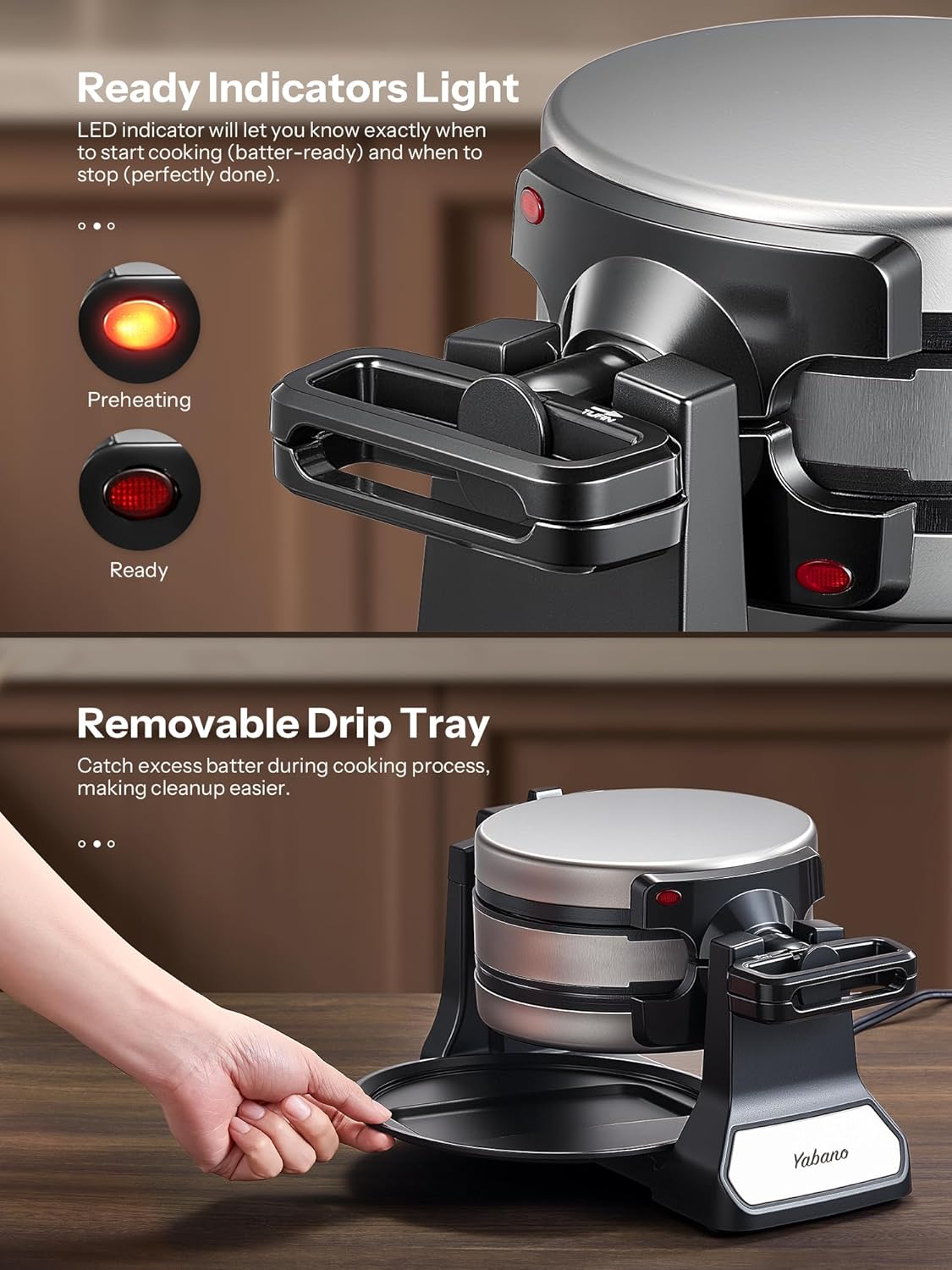 Belgian Waffle Maker with Double Waffle Plate, Yabano Rotating Waffle Iron with Nonstick Plates, Removable Drip Tray and Cool Touch Handles, Gaufrier Belge, Stainless Steel - PuriLite