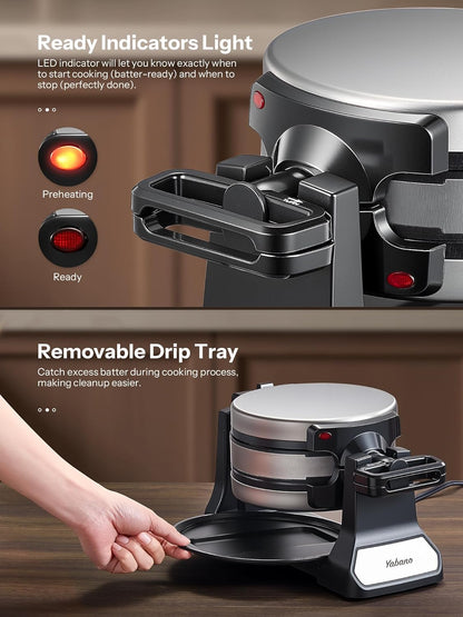 Belgian Waffle Maker with Double Waffle Plate, Yabano Rotating Waffle Iron with Nonstick Plates, Removable Drip Tray and Cool Touch Handles, Gaufrier Belge, Stainless Steel - PuriLite