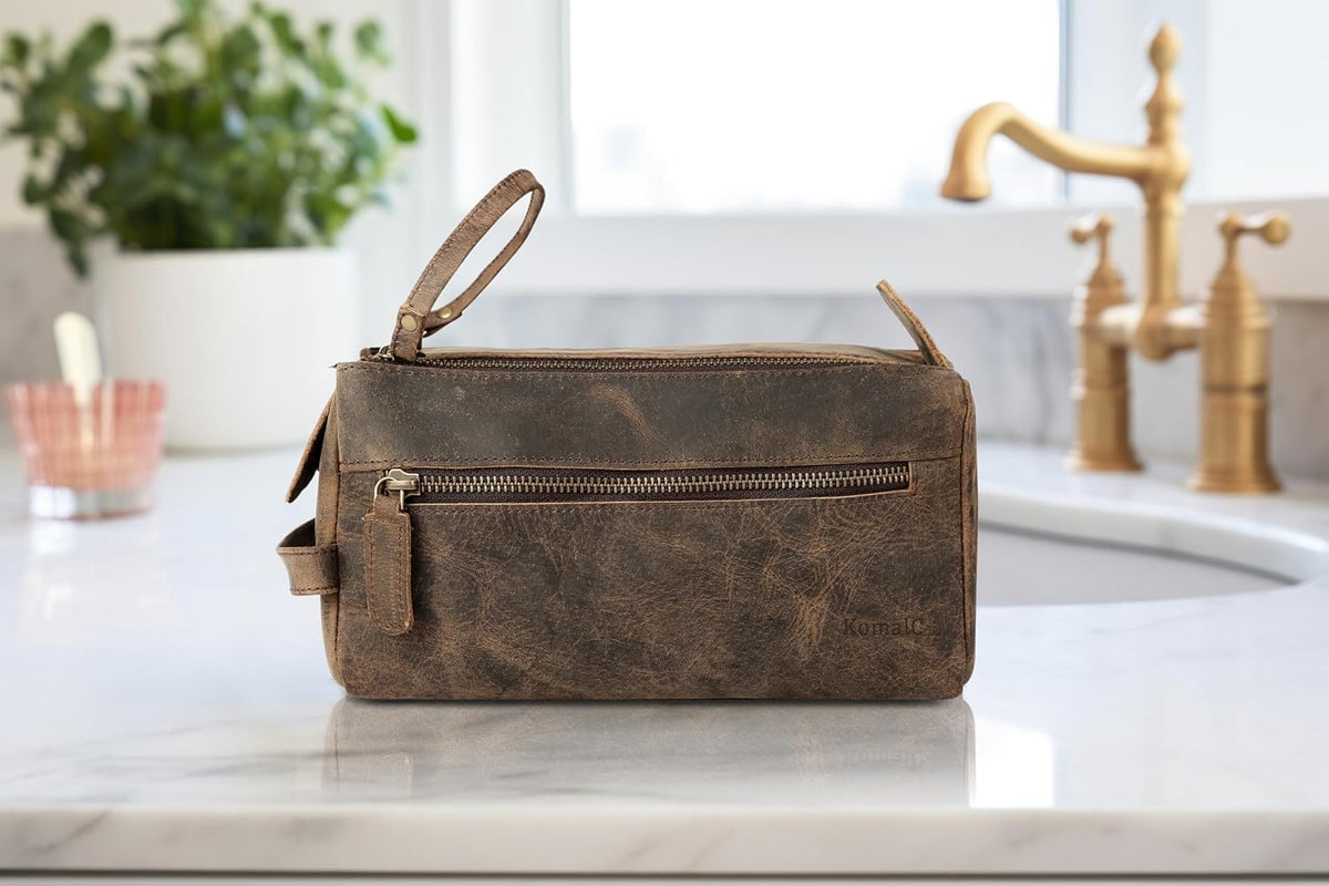 Premium Buffalo Leather Unisex Toiletry Bag Travel Dopp Kit Shaving kit (Distressed Tan) - PuriLite
