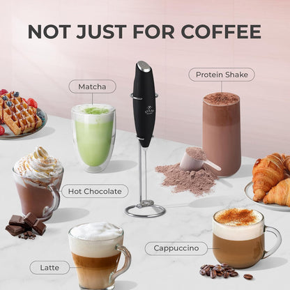 Zulay Kitchen Powerful Double Whisk Milk Frother Handheld - Foam Maker with Stand - Whisk Drink Mixer for Coffee, Mini Foamer for Latte, Matcha, Frappe, Hot Chocolate & Cappuccino (Black) - PuriLite