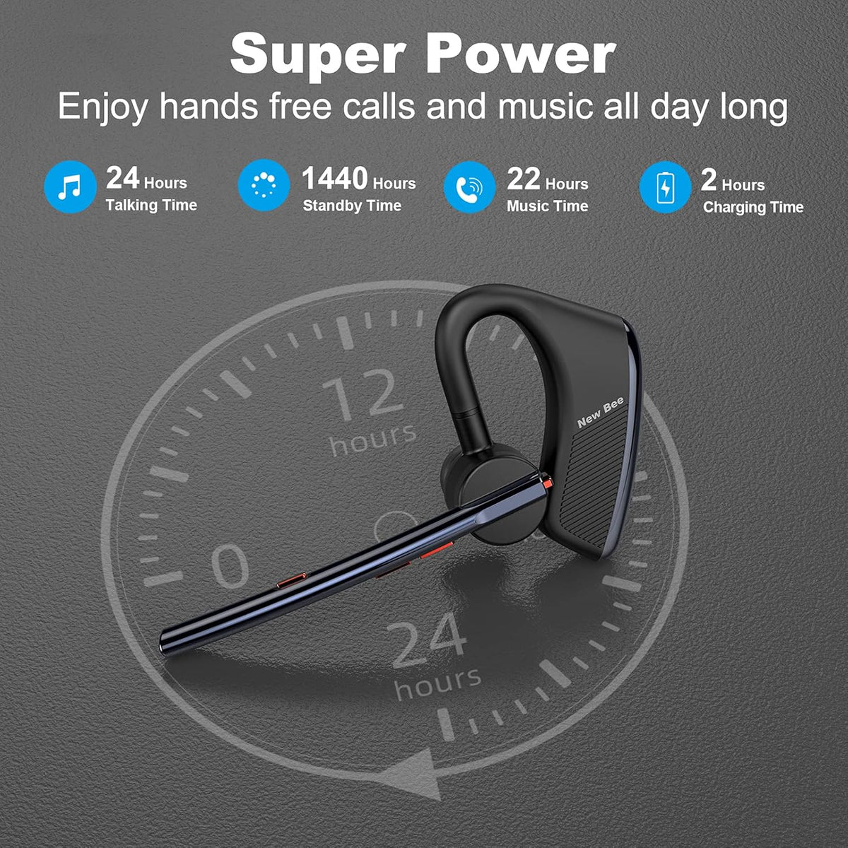 Bluetooth Headset V5.2 New Bee Bluetooth Earpiece CVC8.0 Dual Mic Noise Cancelling Wireless Handsfree 24Hrs Talktime Driving Headset with Mic Mute for iPhone Android Smartphone Business Office - PuriLite
