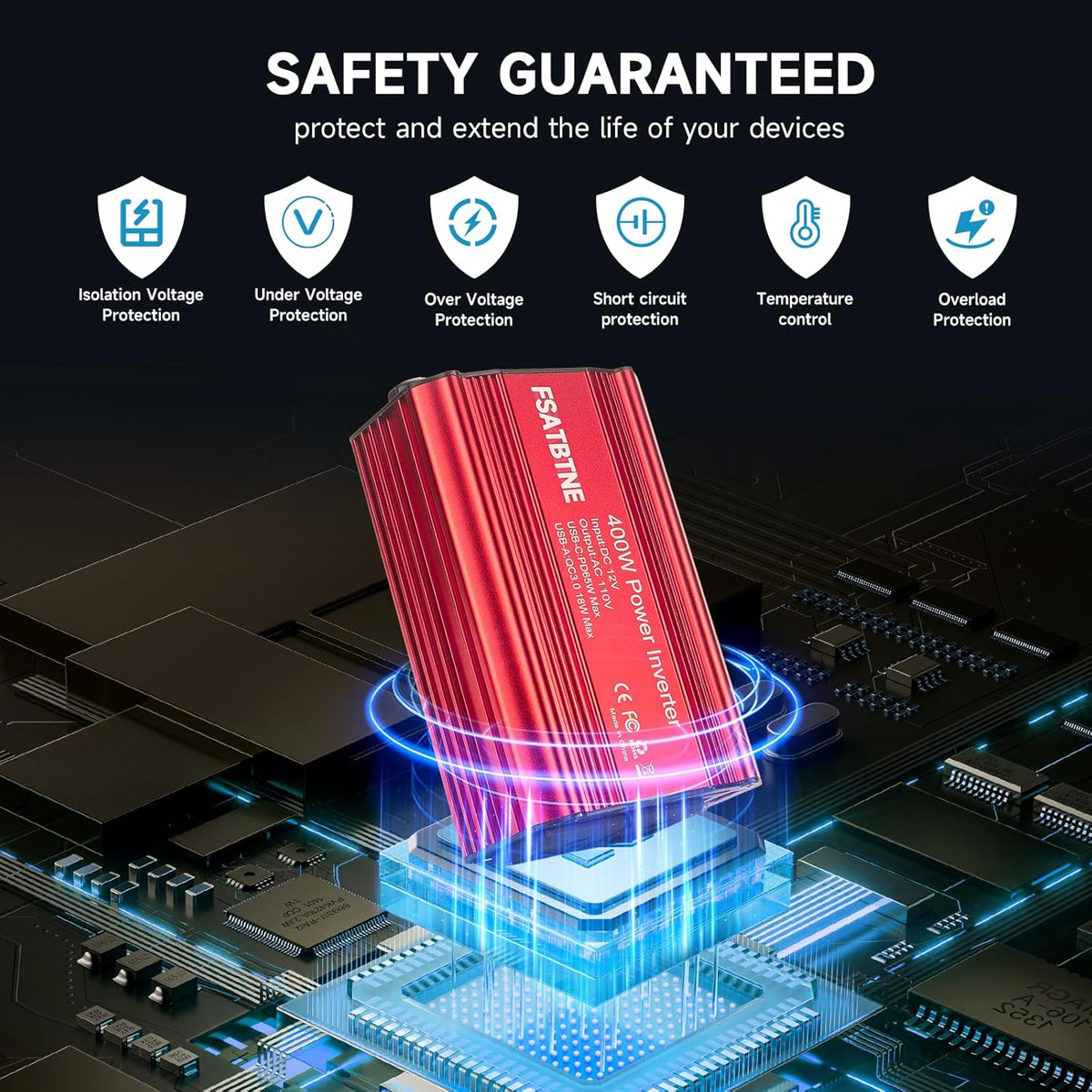 FSATBTNE 400W Power Inverter 12V DC to 110V AC Car Plug Adapter Outlet Converter with [65W PD USB-C] & [18W QC USB-A] Fast Charging Ports and 2 AC Outlets Car Power Inverters for Vehicles - PuriLite