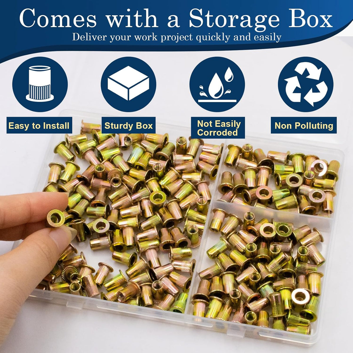 Vifmy Metric & SAE Rivet Nut Assortment Kit(420 Pcs),m3 m4 m5 m6 m8 m10 m12#6-32#8-32#10-24 1/4"-20 5/16"-18 3/8"-16 UNC Flat Head Rivnut Set,Zinc Plated Finish Carbon Steel Nutsert - PuriLite