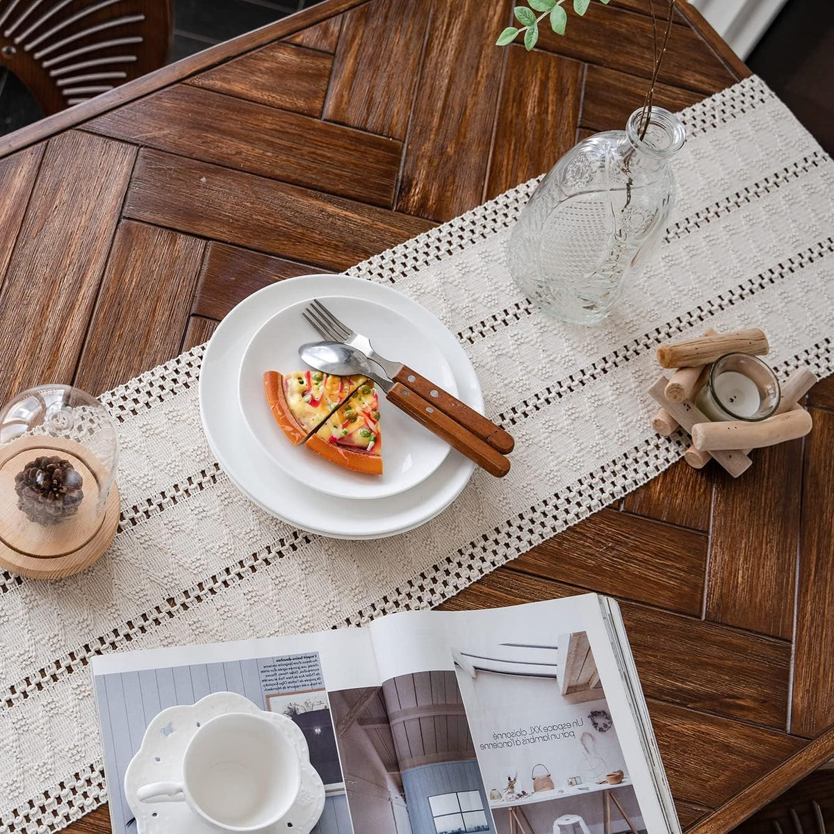 Alynsehom Macrame Table Runner Cream Beige Boho Table Runners with Tassels Hand Woven Cotton Table Runner Rustic Farmhouse Table Runners for Bohemian Kitchen Dining Table(12x95in) - PuriLite