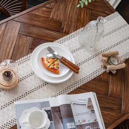 Alynsehom Macrame Table Runner Cream Beige Boho Table Runners with Tassels Hand Woven Cotton Table Runner Rustic Farmhouse Table Runners for Bohemian Kitchen Dining Table(12x95in) - PuriLite