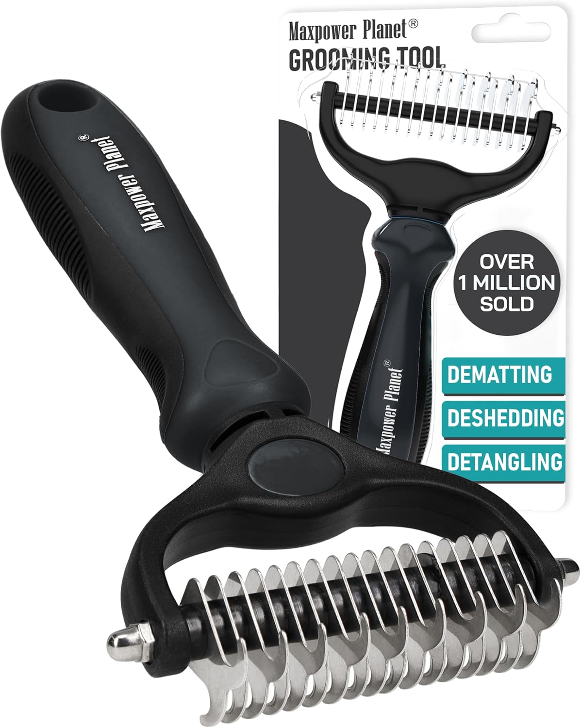 Maxpower Planet Pet Grooming Brush - Double Sided Shedding, Dematting - Undercoat Rake for Dogs - Dog Grooming Brush - Deshedding Brush for Dogs - Dog Brush, Cat Brush, Reduce Shedding by 95%, Black - PuriLite