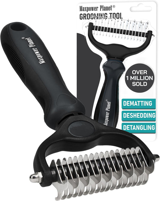 Maxpower Planet Pet Grooming Brush - Double Sided Shedding, Dematting - Undercoat Rake for Dogs - Dog Grooming Brush - Deshedding Brush for Dogs - Dog Brush, Cat Brush, Reduce Shedding by 95%, Black - PuriLite