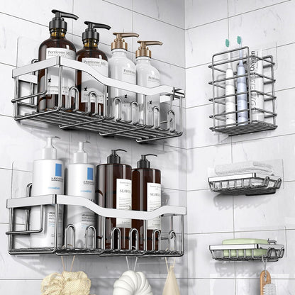EUDELE 5-Pack Rustproof Stainless Steel Shower Caddy – No Drill Adhesive Bathroom Organizer with Large Capacity, Spacious Shower Shelves for Inside Shower, Kitchen & Home Decor Storage - PuriLite