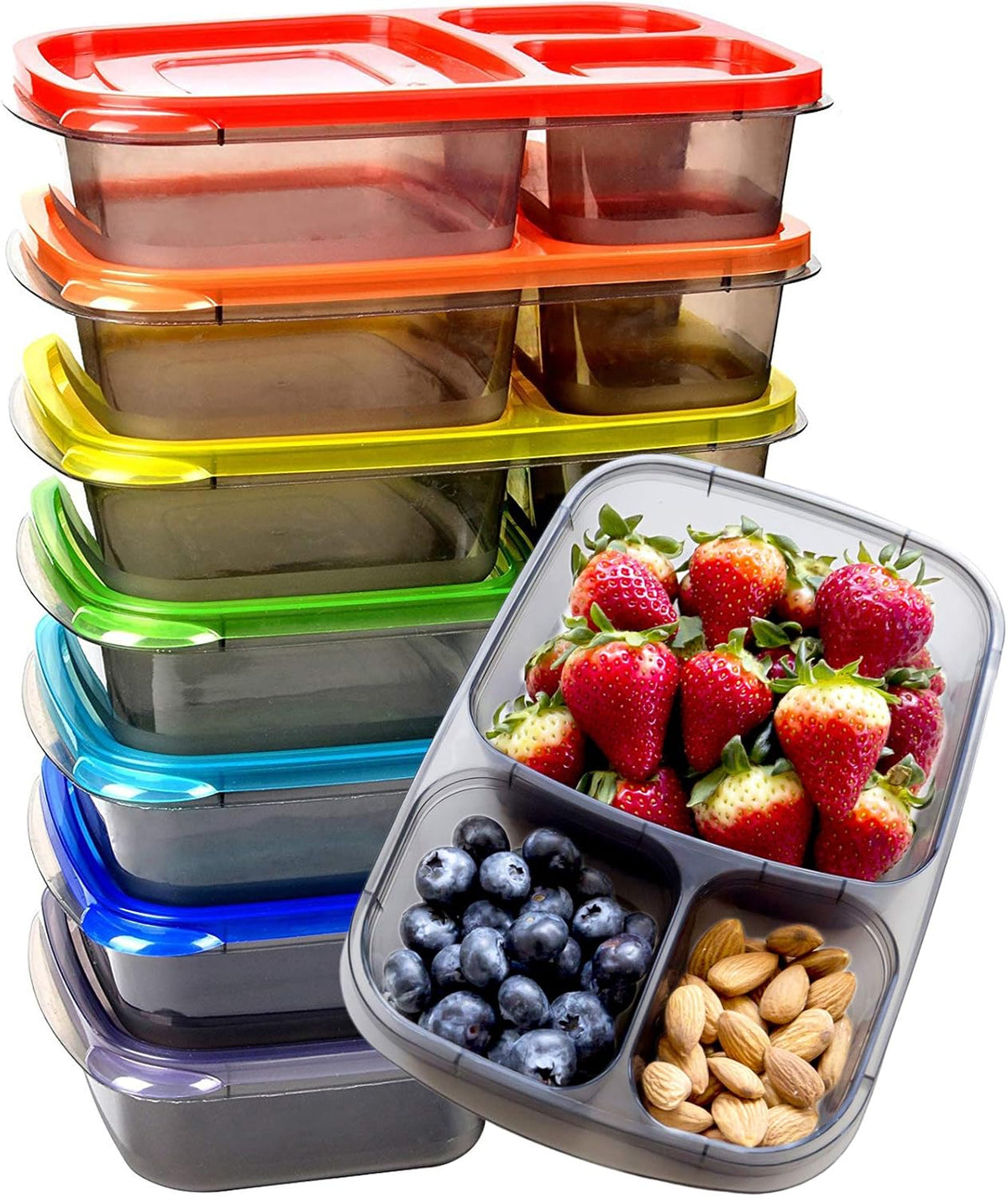 Youngever 7 Pack Bento Lunch Box, Meal Prep Containers, Reusable 3 Compartment Plastic Divided Food Storage Container Boxes - PuriLite