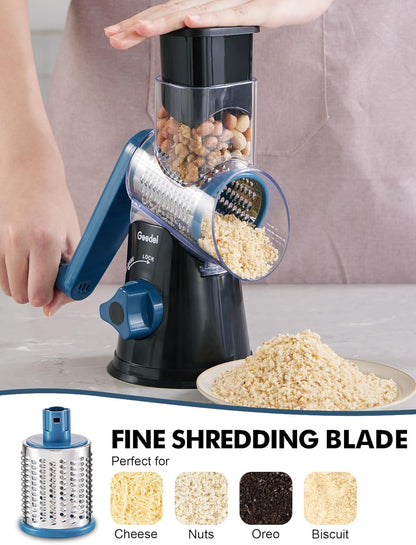 Geedel Kitchen Cheese Grater, Rotary Mandoline Vegetable Slicer with Interchangeable Blades, Easy to Use Rotary Grater Slicer for Fruit, Vegetables, Nuts - PuriLite