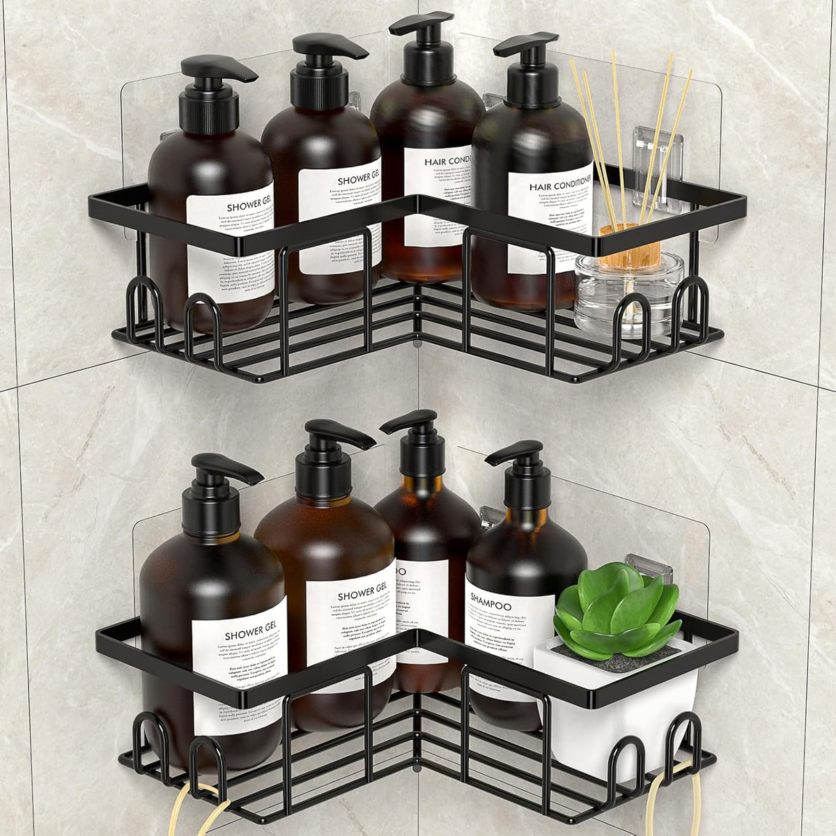 LOOBOV Shower Caddy Corner, Rustproof Shower Shelves, Bathroom Caddy No Drilling, Bathroom Organizers/Storage with Hooks (2 Pack- Black) - PuriLite