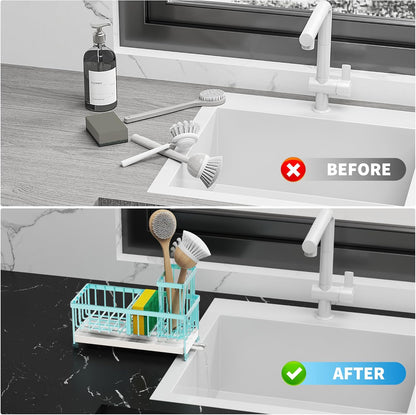 Cisily Sponge Holder for Kitchen Sink, Sink Caddy with High Brush Holder, Organzier Rustproof 304 Stainless Steel Dish Organizer Divider, Soap Dispenser Storage (Black) - PuriLite