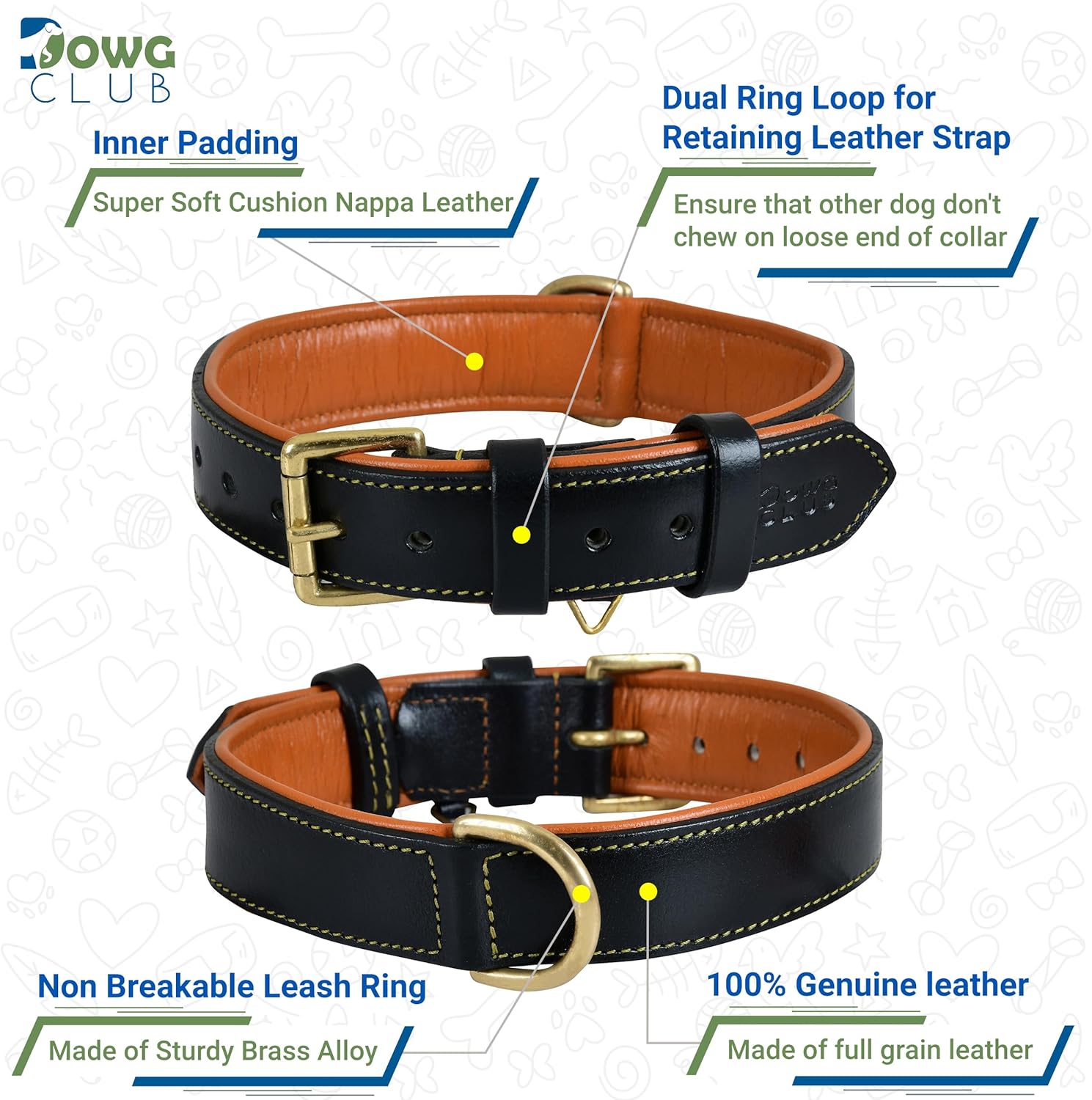 DowgClub | Genuine Leather Dog Collar | Full Grain, Heavy Duty | Comfortable, Strong | Best for Pups, Small, Medium & Large Breeds | Pink, Brown, Black, Tan - PuriLite