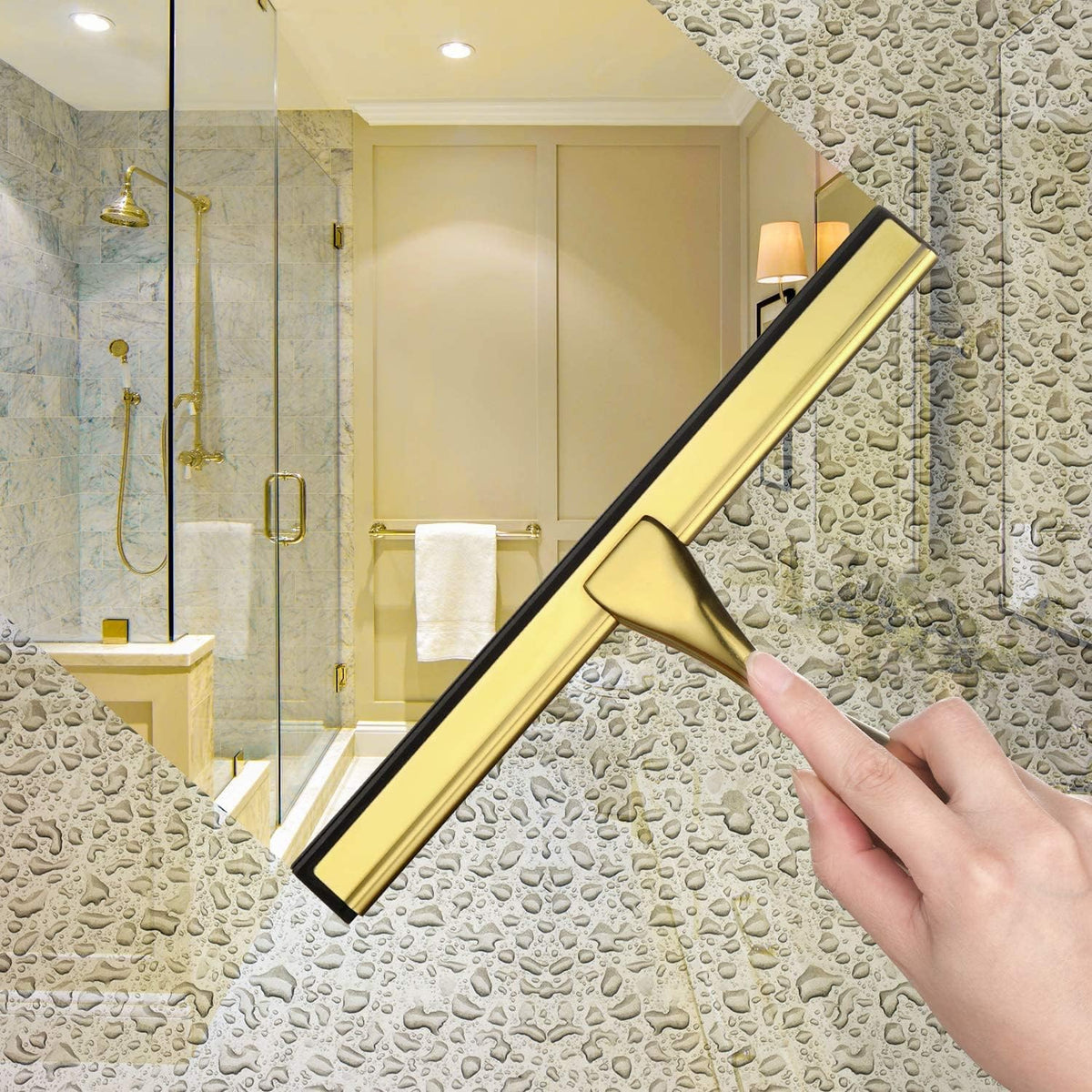 Sishynio All-Purpose Shower Squeegee for Shower Doors, Bathroom, Window and Car Glass - Golden, Stainless Steel, 10 Inches - PuriLite