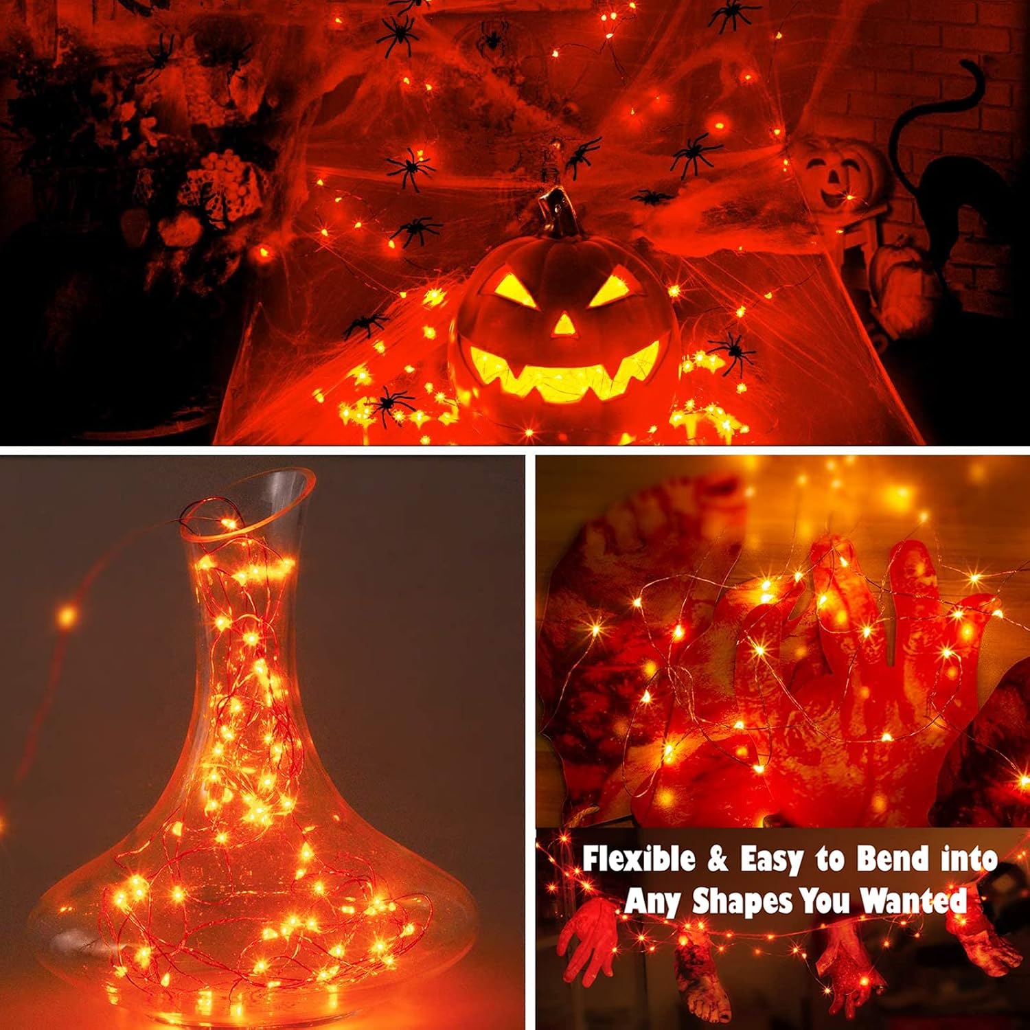 LYHOPE Orange Halloween Lights, 2 Pack 33ft 100 Led Battery Operated Halloween Lights, Waterproof 8 Modes with Remote Copper Wire String Lights for Halloween Holiday Party Carnival Decorations - PuriLite