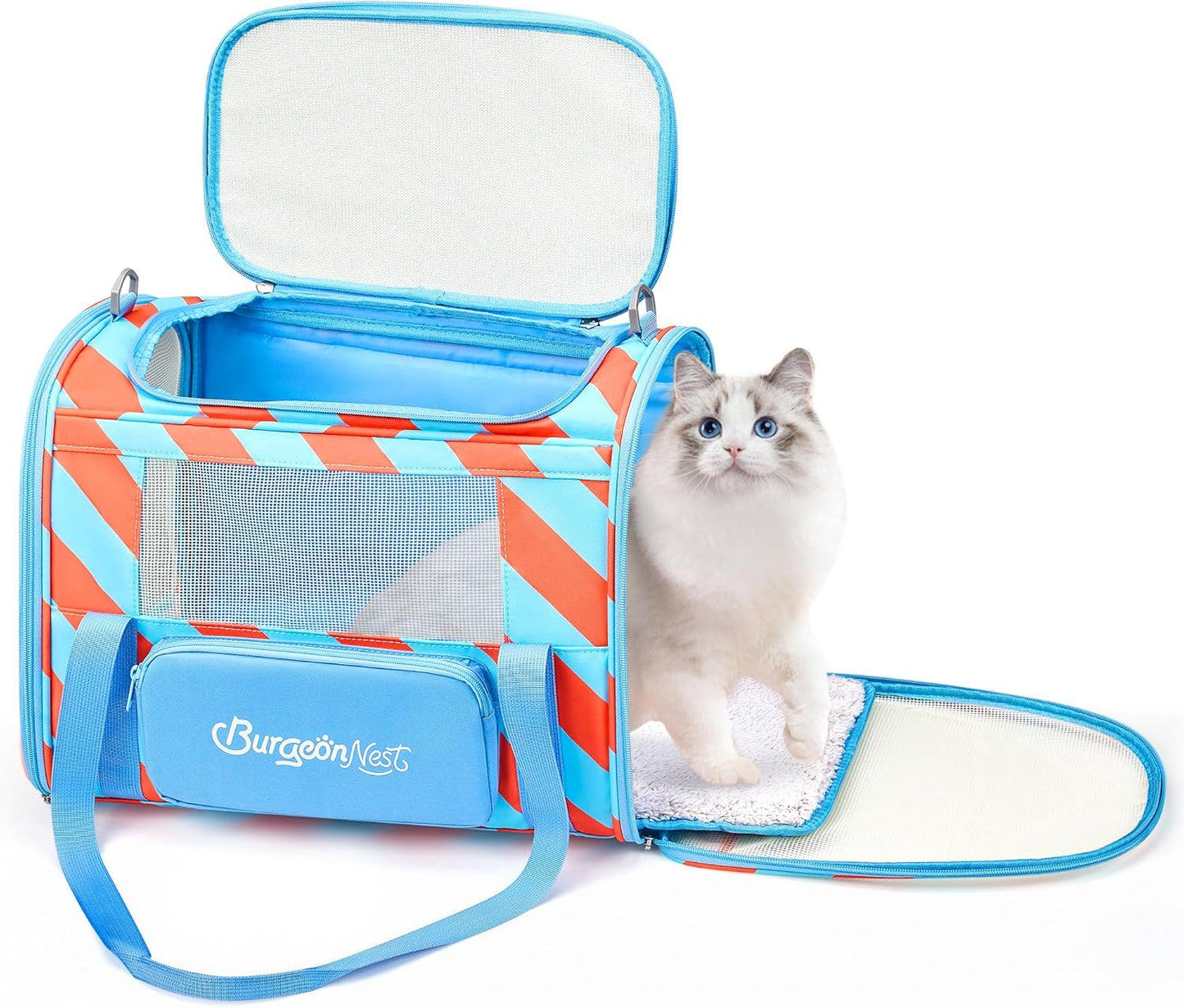 BurgeonNest Cat Carriers for Medium Cats Under 25 lbs, Pet Carrier for Cats with Unique Side Bag,Top Load Small Pet Carrier Soft-Sided Escape Proof with 4 Ventilated Windows - PuriLite