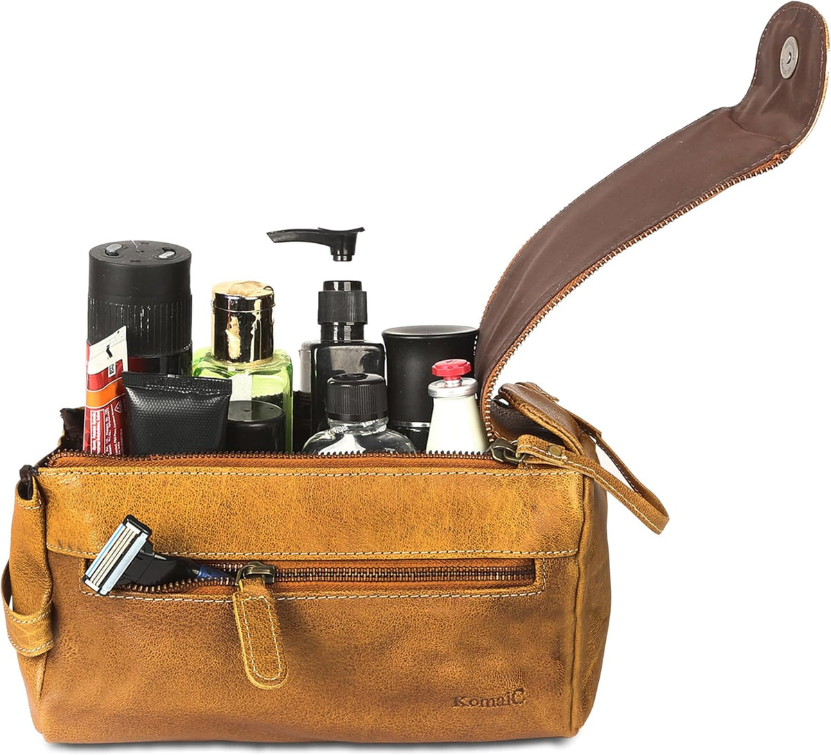 Premium Buffalo Leather Unisex Toiletry Bag Travel Dopp Kit Shaving kit (Distressed Tan) - PuriLite