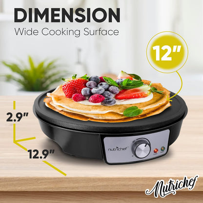 NutriChef Electric Crepe Maker, Cooks Roti, Tortillas, Pancakes, Nonstick Cooktop, 8-inch Cook Area On/Off Switch, Automatic Temperature Control & Cool Touch Handle, Includes Food Bowl, Whisk, Spatula - PuriLite