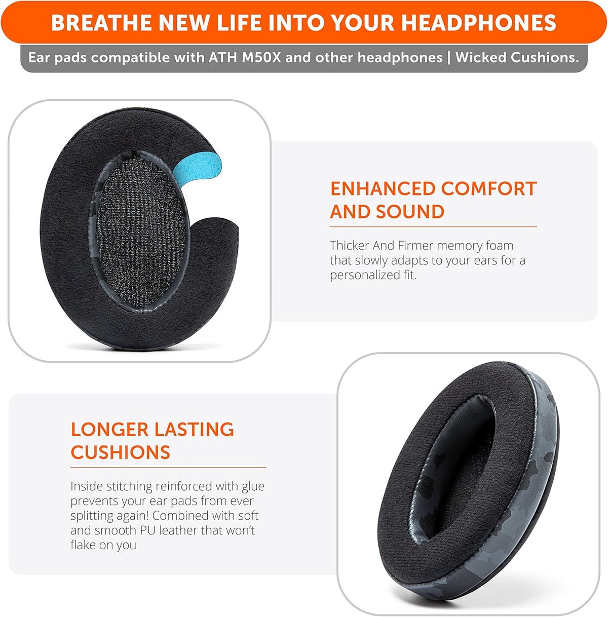 WC PadZ Velour - The Ultimate Upgraded Earpads by Wicked Cushions - Compatible with Audio Technica, HyperX, SteelSeries Arctis & More - Extra Thick - Bigger Opening - Softer Memory Foam | (Black) - PuriLite