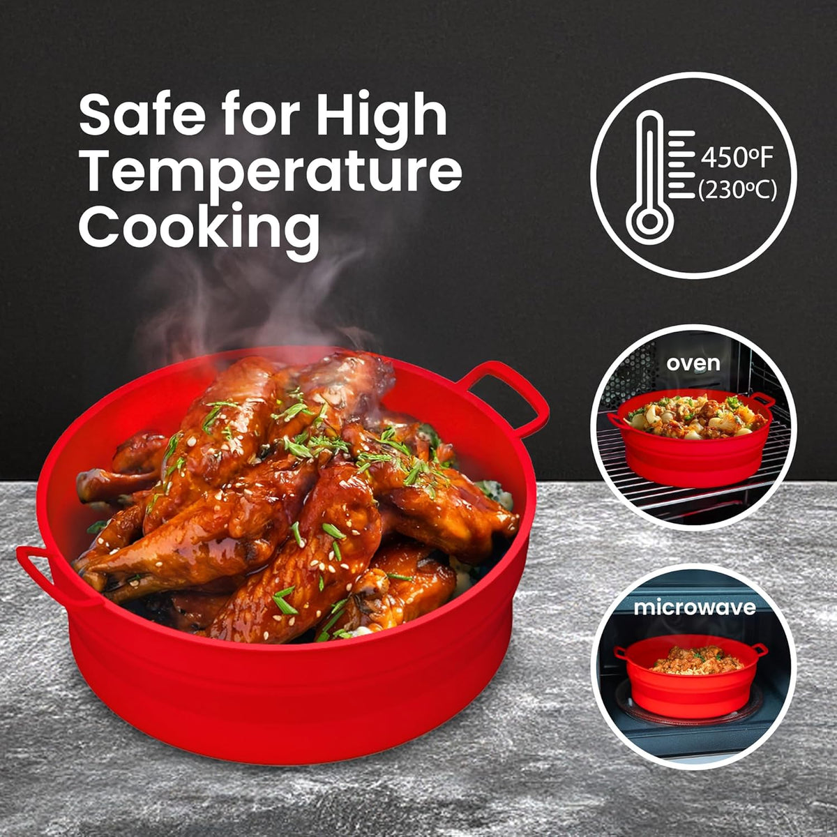 Collapsible Silicone Air Fryer Basket Liners Pot - AirFryer Liners Reusable Bowls for 3 to 5 qt - Air Fryer Accessories 2 Pack - Round Silicone Liners (Red & Blue) - PuriLite