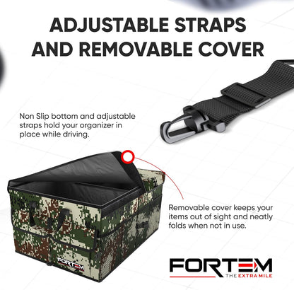 FORTEM Car Trunk Organizer, Collapsible Multi Compartment Car Organizer, Foldable SUV Storage for Car Accessories for Women Men, Non Slip Bottom, Securing Straps, Soft Cover 50L (Black, Standard) - PuriLite