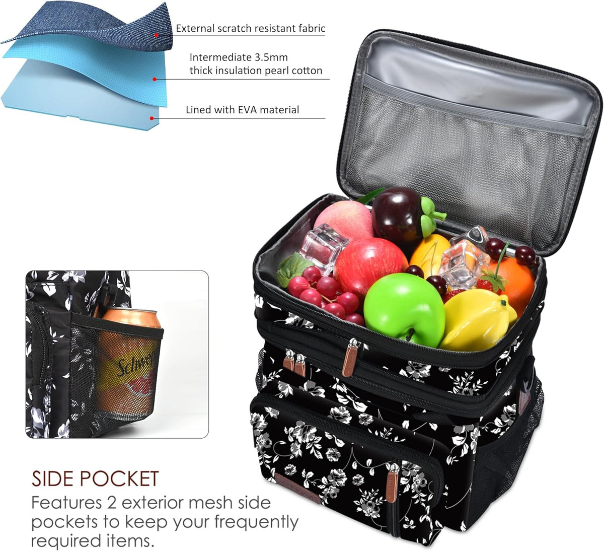 Lunch Bag for Women Men Double Deck Lunch Box - Leakproof Insulated Soft Large Lunch Cooler Bag, MIYCOO (Black,15L) - PuriLite