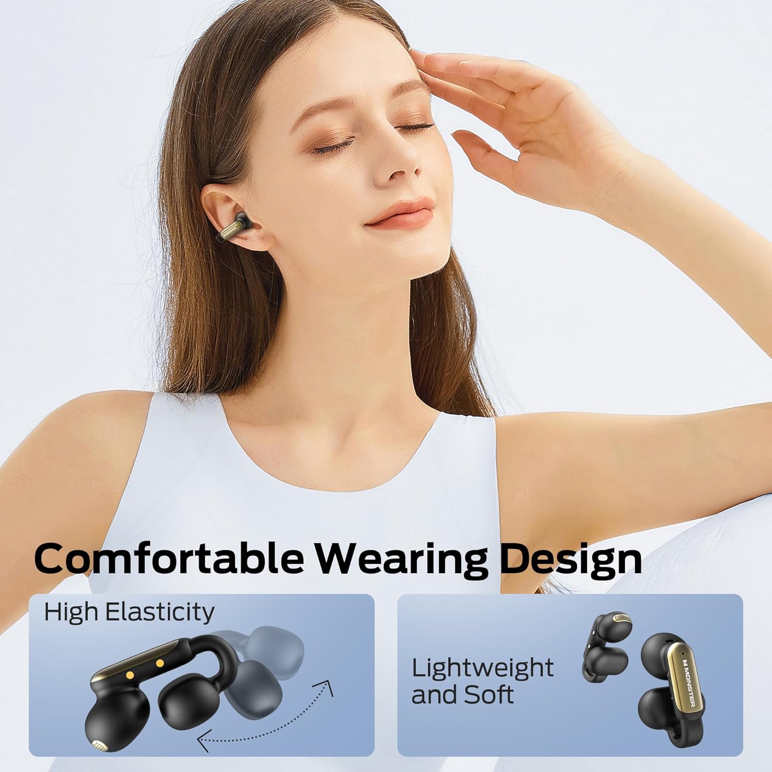 Monster Open AC601 Wireless Earbuds, Bluetooth 5.4 Earbuds with ENC, Crystal Clear Call, USB-C Charging, IPX5 Waterproof Wireless Clip-on Earbuds, 32H Playback Ultra Long Battery Life (Black) - PuriLite