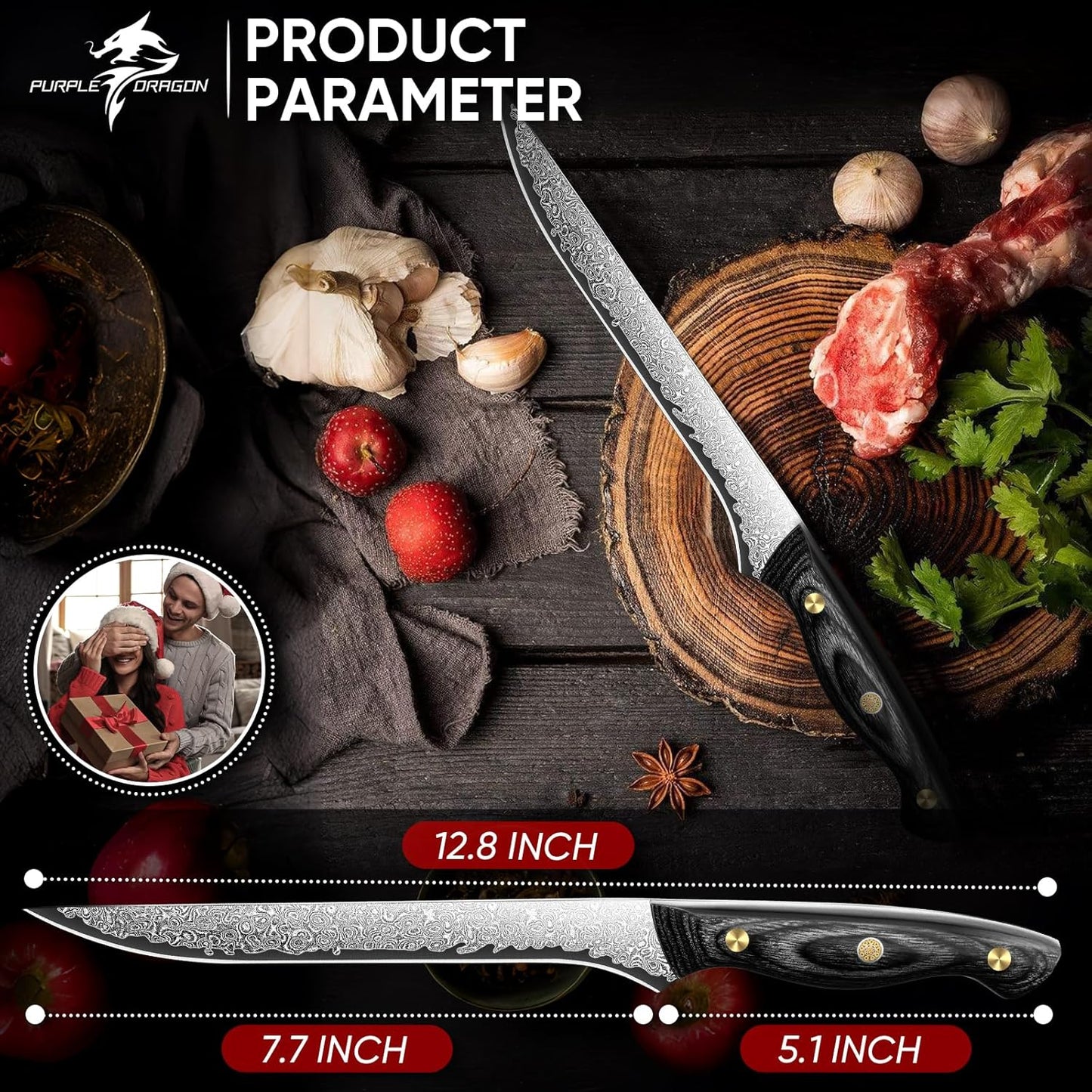 Purple Dragon Damascus Fish Fillet Knife - 7 inch Flexible Boning Knife with VG10 Core, Kitchen Slicing Knife with Full Tang Handle, Birthday Dad Mom Gift - PuriLite