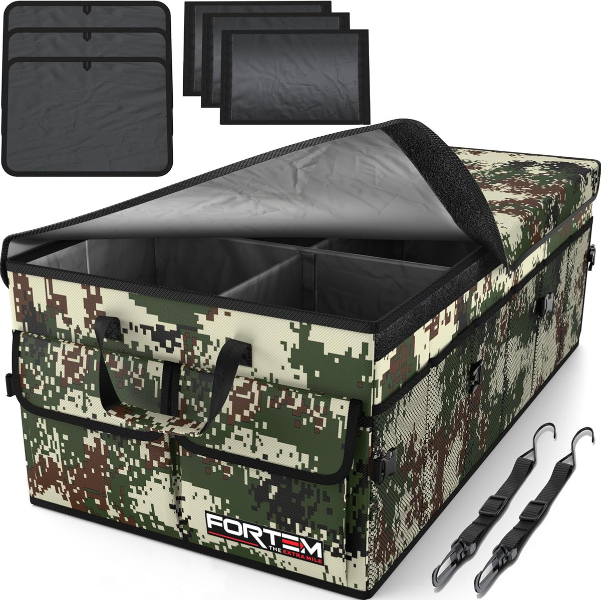 FORTEM Car Trunk Organizer, Collapsible Multi Compartment Car Organizer, Foldable SUV Storage for Car Accessories for Women Men, Non Slip Bottom, Securing Straps, Soft Cover 50L (Black, Standard) - PuriLite
