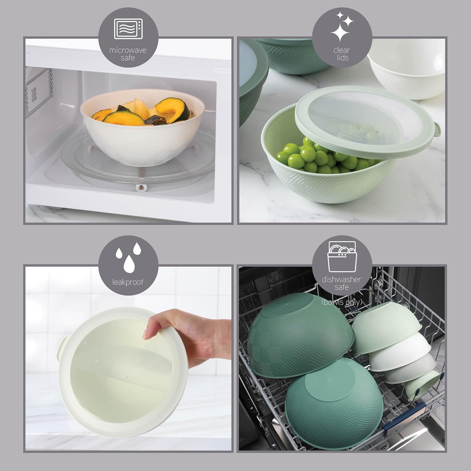 COOK WITH COLOR Mixing Bowls with TPR Lids - 12 Piece Plastic Nesting Bowls Set Includes 6 Prep Bowls and 6 Lids, Microwave Safe Mixing Bowl Set (Mint) - PuriLite