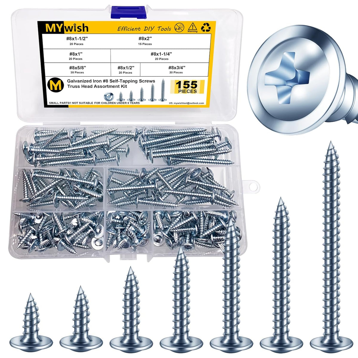 150Pcs #8 × 2" Black Screws for Wood, Phillips Truss Head Wood Screws, Quick Metal Self Tapping, Zinc Plated Steel, Truss Head Screws by Mywish - PuriLite