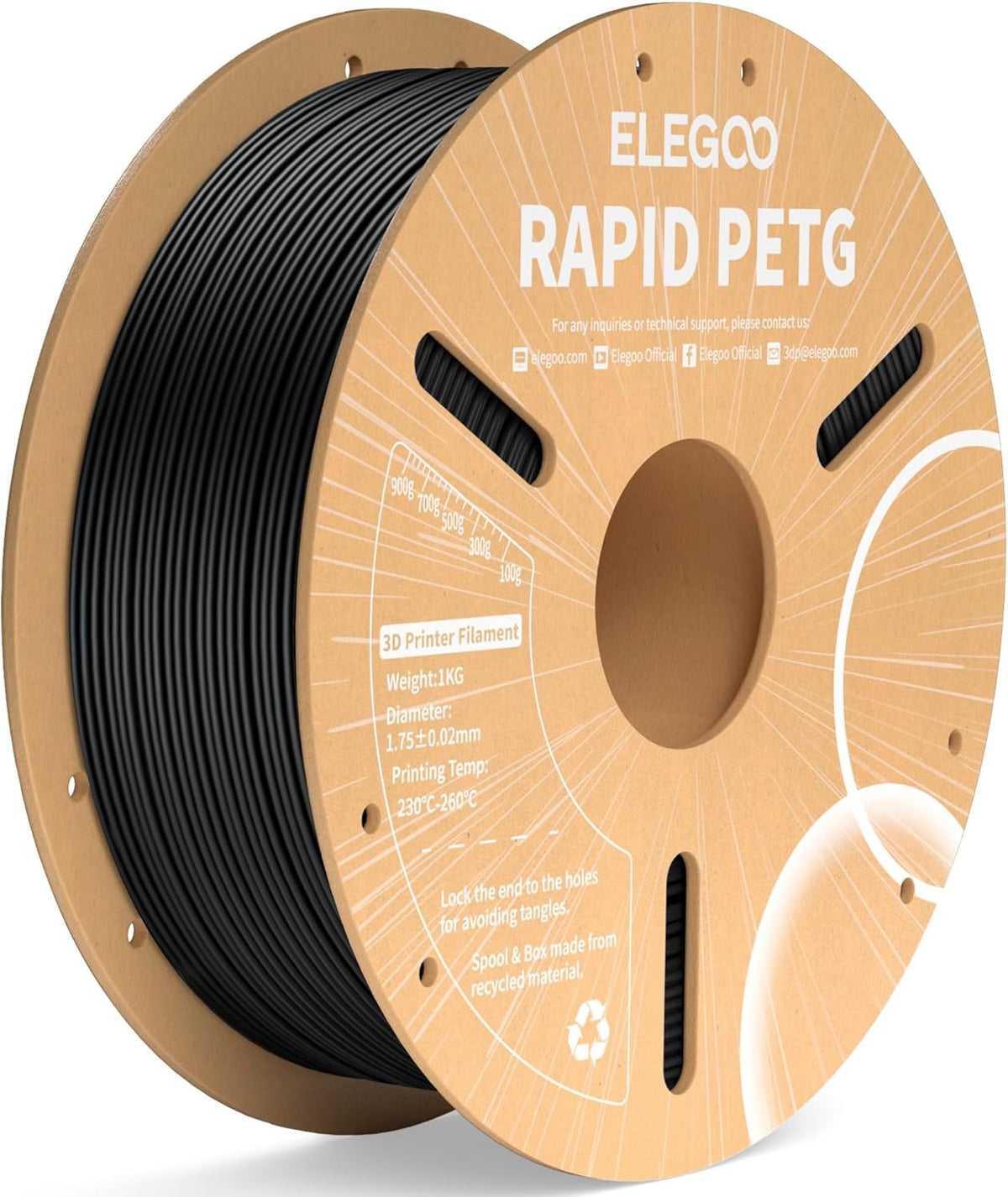 ELEGOO Rapid PETG Filament 1.75mm Black 1KG, 3D Printer Filament Max 600 mm/s High Speed Printing, Dimensional Accuracy +/- 0.02 mm Fit Most FDM Printer 1kg Cardboard Spool - PuriLite