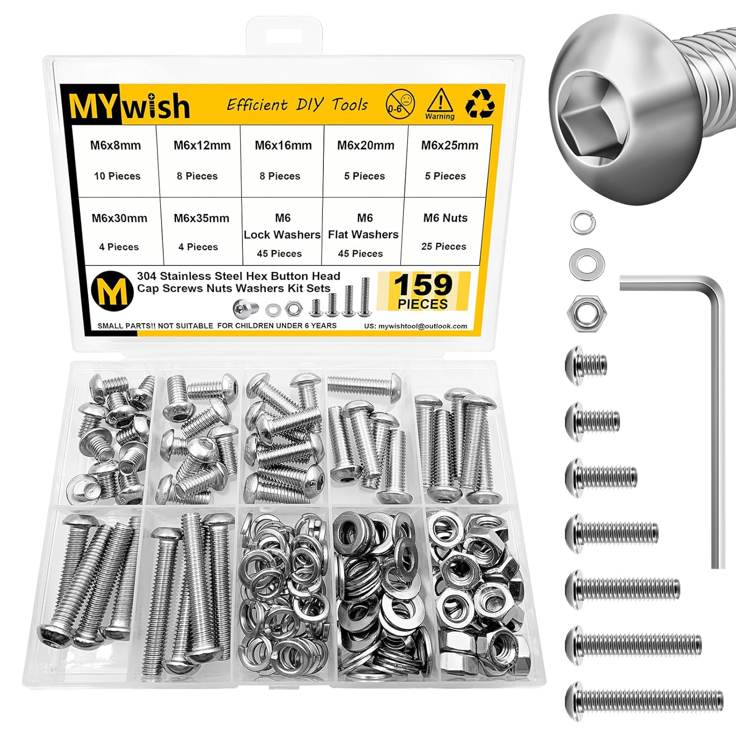 Mywish 900Pcs Metric Screw Assortment, M3 M4 M5 M6 Screw Assortment Kit 304 Stainless Steel Hex Socket Button Head Socket Cap Metric Screws Bolts & Flat Washers/Nuts/Hex Wrenches 16 Sizes 8MM to 20MM - PuriLite