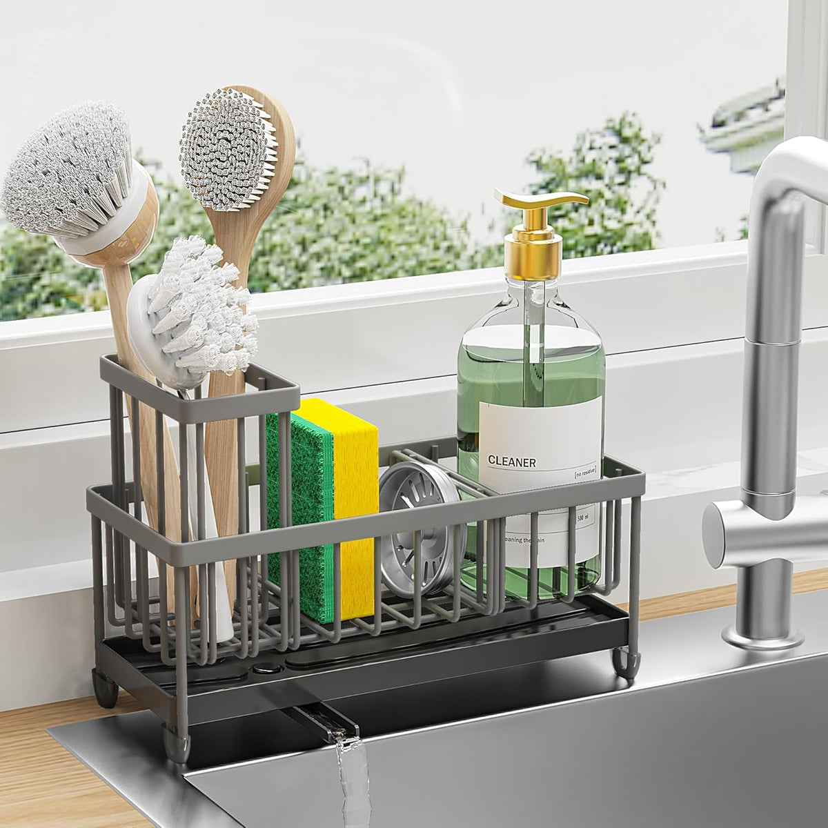 Cisily Sponge Holder for Kitchen Sink, Sink Caddy with High Brush Holder, Organzier Rustproof 304 Stainless Steel Dish Organizer Divider, Soap Dispenser Storage (Black) - PuriLite