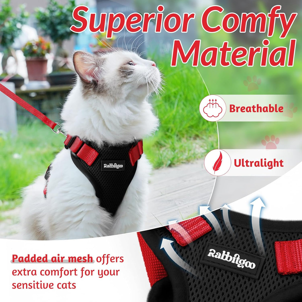 rabbitgoo Cat Harness and Leash for Walking, Escape Proof Soft Adjustable Vest Harnesses for Small Medium Cats, Easy Control Breathable Reflective Strips Jacket, XS, Black - PuriLite