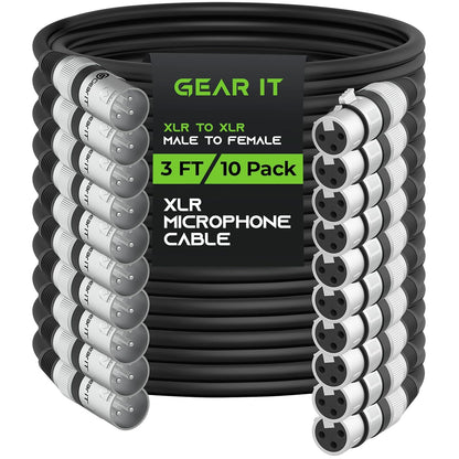 GEARit XLR Male to Female Microphone Cable (10 Feet, 6-Pack) 3-Pin Balanced Shielded Mixer, Recording Studio, Podcast - Black - PuriLite