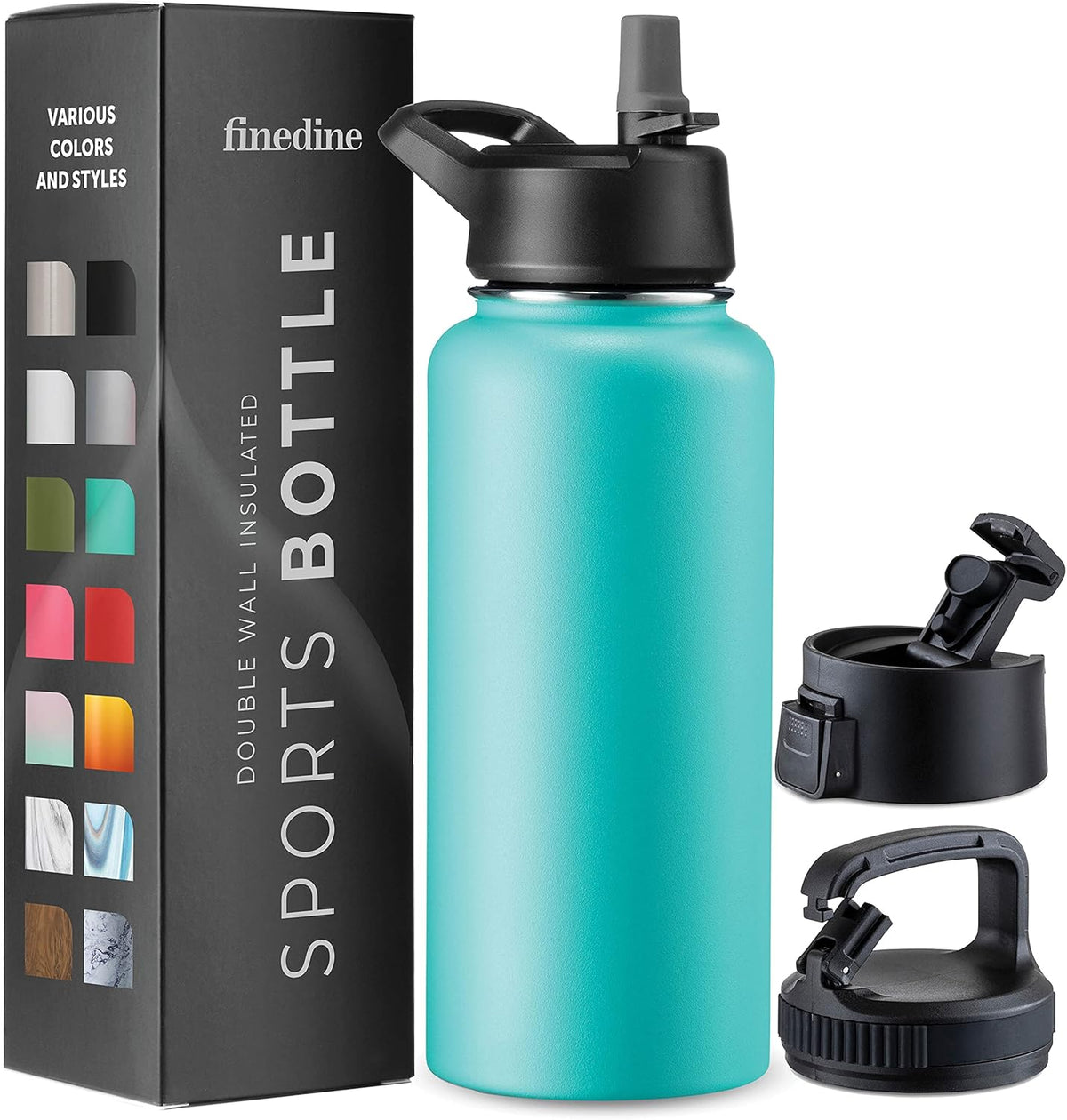 FineDine Water Bottle - Stainless Steel Insulated Water Bottle with Straw Lid, Flip Lid & Wide-Mouth Cap - Keeps Hot and Cold - 25 Oz / 739ml - Pure Pearly White - PuriLite