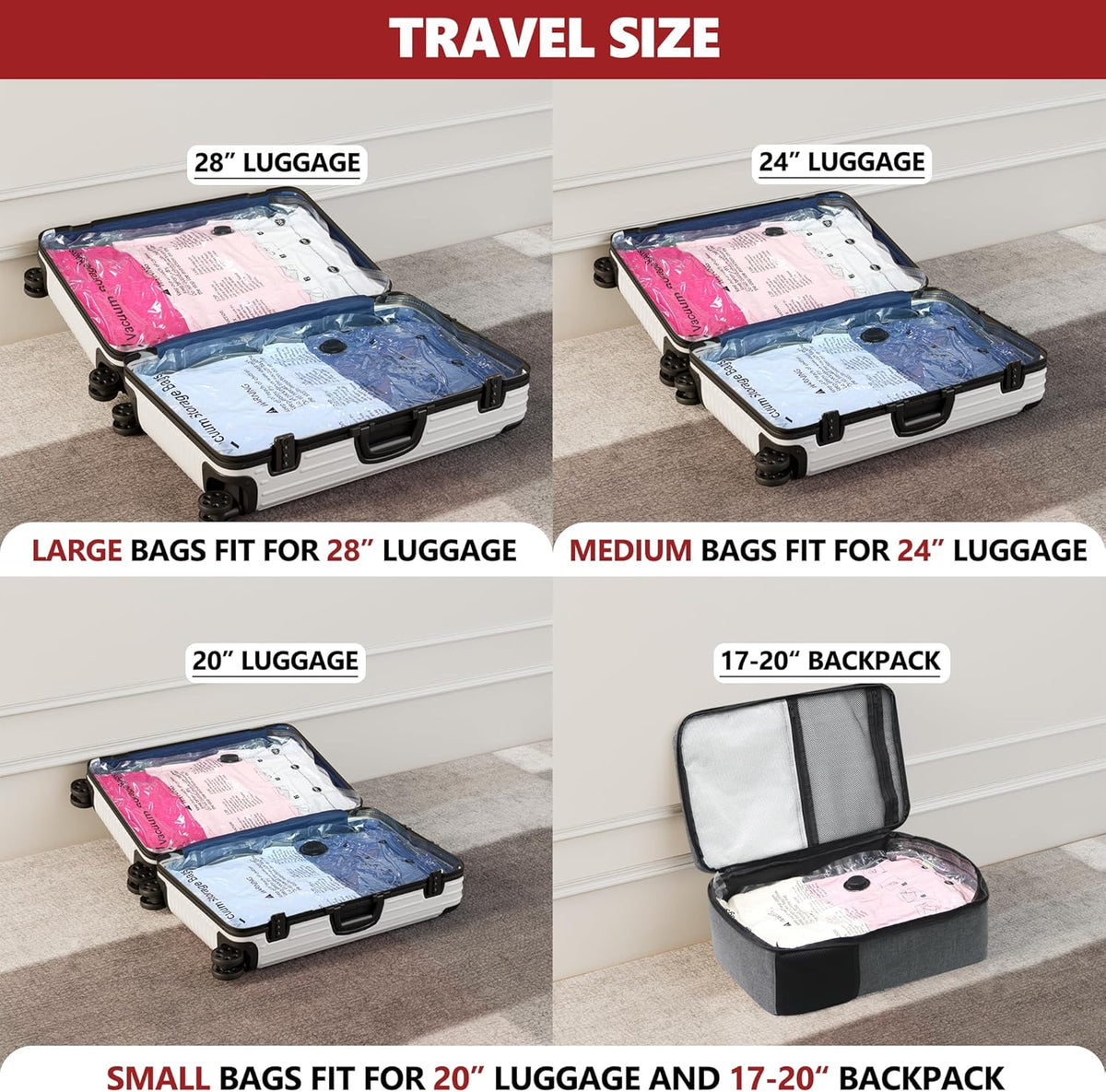 Travel Vacuum Storage Bags with Portable Electric Pump, 12-Pack Compression Packing Cubes for Suitcase and Backpack, Space Saver Vacuum Seal Bags for Clothing and Luggage Organization - PuriLite
